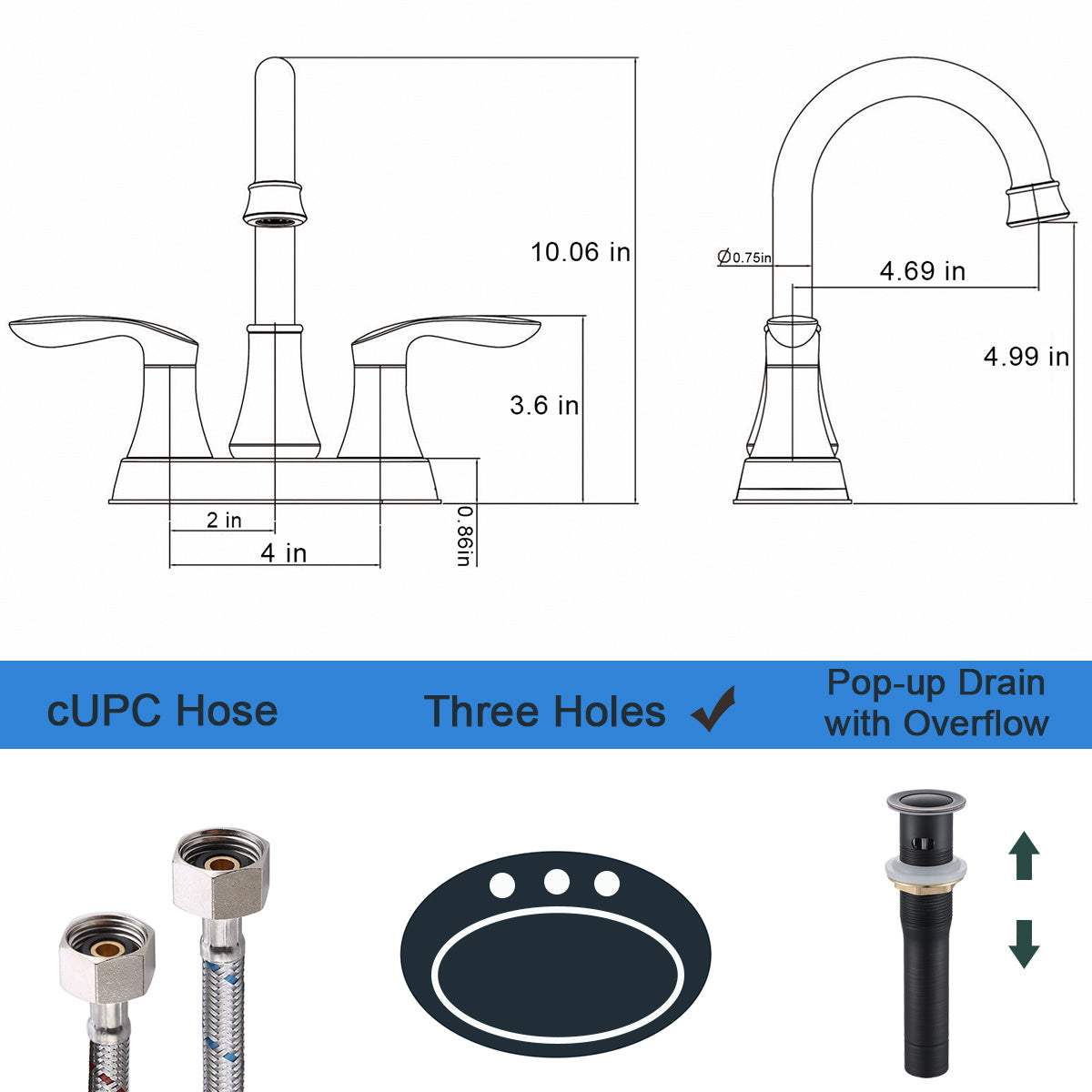 2-Handle 4-Inch Oil Rubbed Bronze Bathroom Faucet, Bathroom Vanity Sink Faucets With Pop-up Drain And Supply Hoses